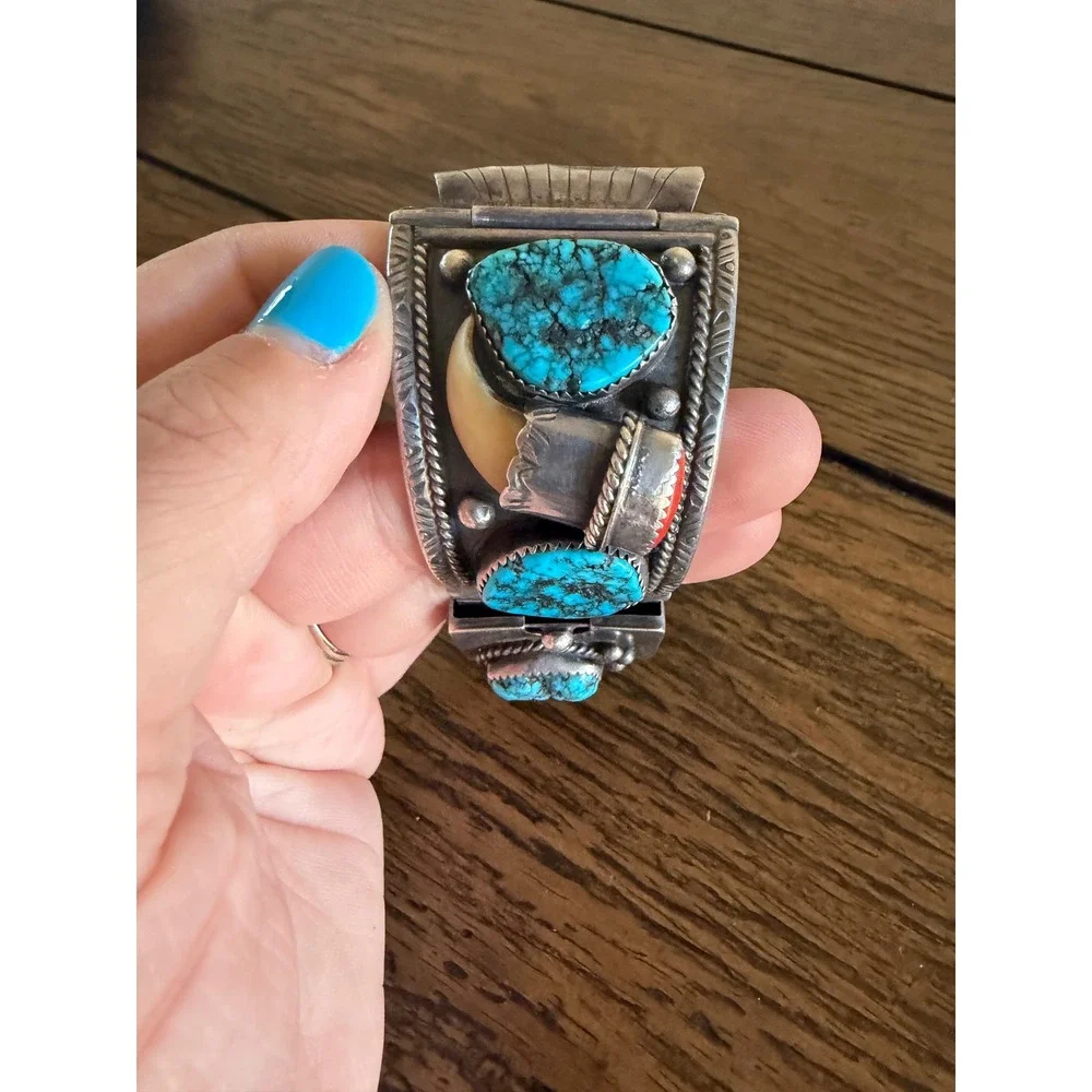 Vintage Navajo Sterling Silver Turquoise CoralClaw Watch Cuff Bracelet signed